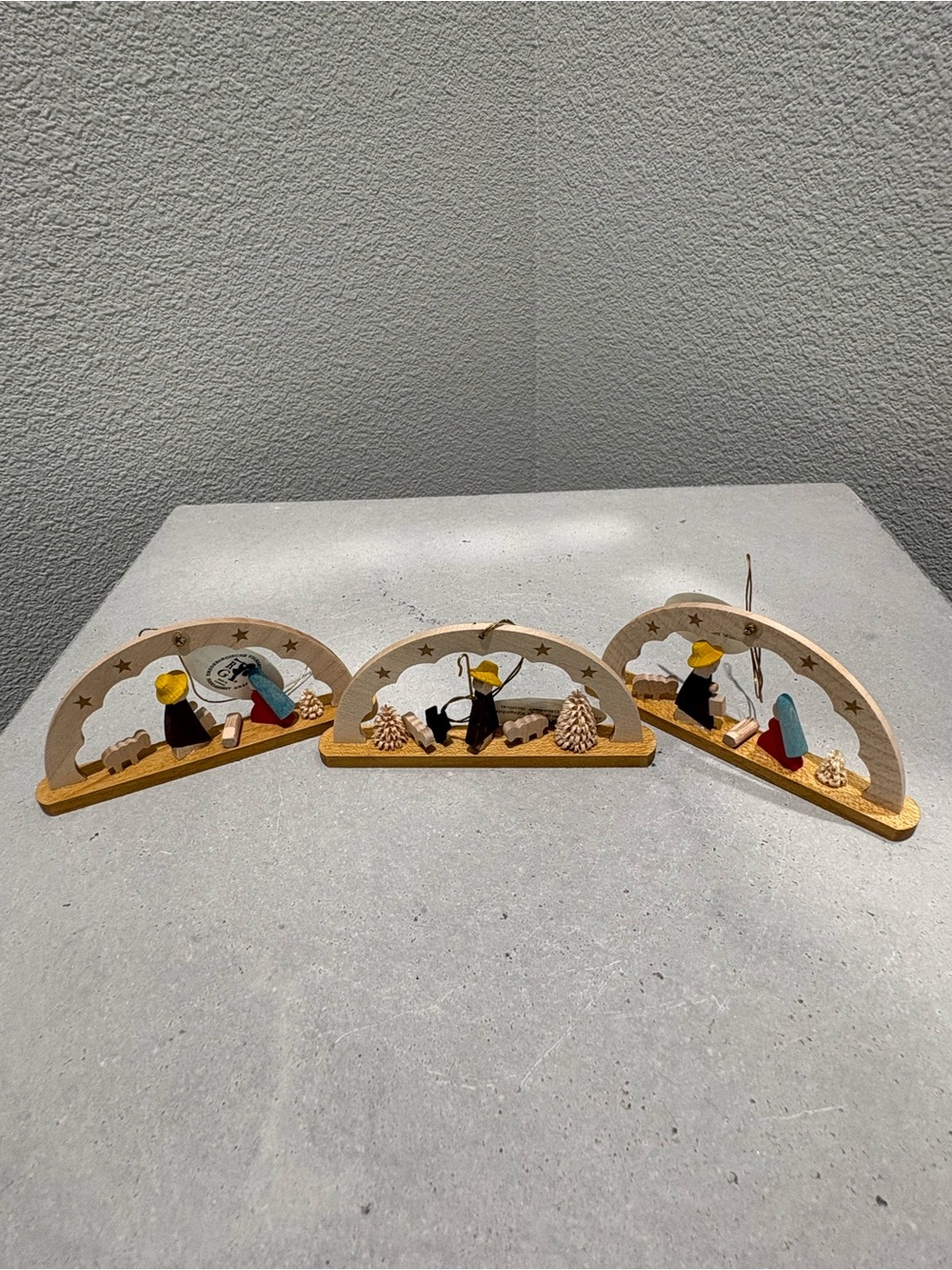 German Wooden Nativity Arch Ornaments Set of 3- Neutral and Yellow